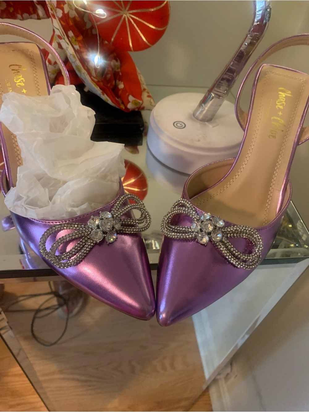 Metallic Purple Pointed-Toe Slingback Mules with Crystal Bow Accent - Picture 2 of 5
